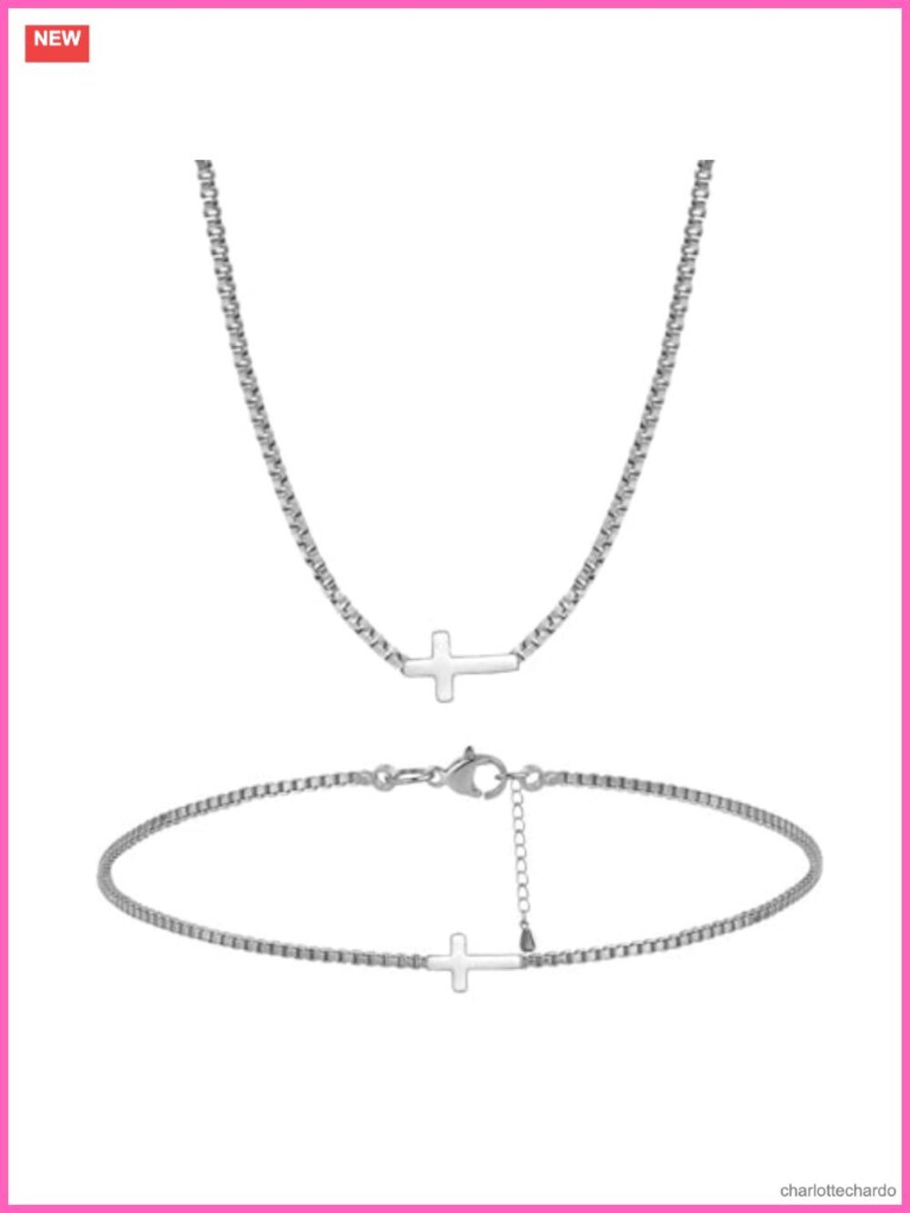 18K Gold Plated Cross Necklace Box Link Bracelet Jewelry Set for Women